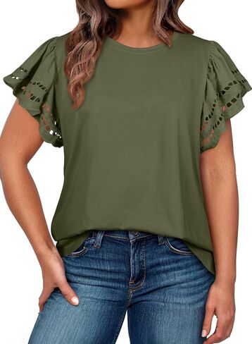 Eytino Womens Plus Size Hollow Out Ruffle Short Sleeve Crewneck Summer Casual Tee Shirts Blouse(1X-5X) in Kuwait