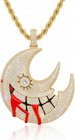 ICEDIAMOND Shiny CZ Simulated Diamond Grinning Crescent Moon Necklace, Iced Out Zircon Gothic New Moon Pendant, Gold Plated Hip Hop Charm Jewelry for Men in Kuwait