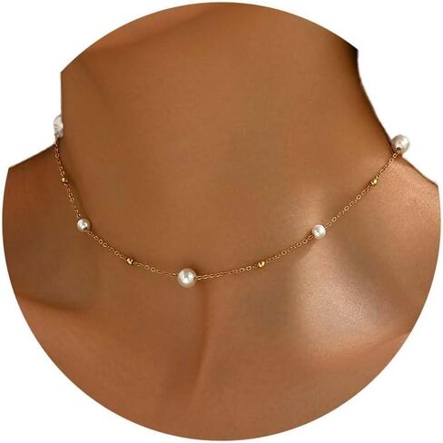 foyjoey Dainty Pearl Choker Necklace Adjustable Handmade Gold Pearl Beaded Chain Necklace for Women Bridesmaid Wedding Jewelry Gifts in Kuwait