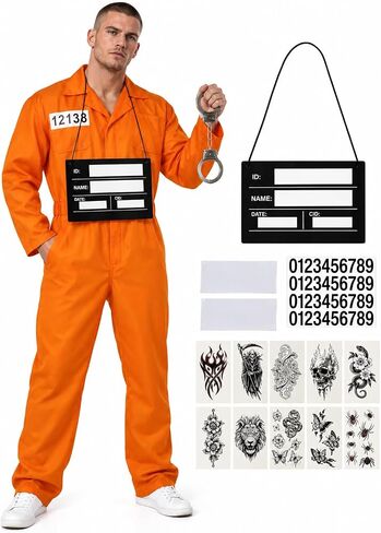 HOMELEX Men's Orange Prisoner Costume Jumpsuit - Adult Jail Inmate Criminal Holes Outfit Convict for Halloween in Kuwait
