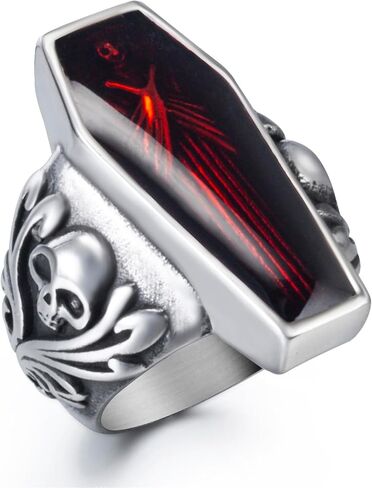 ELFASIO Skull Rings for Men Stainless Steel Gothic Vampire Bloody Red Enamel Coffin Bike Jewelry Size 8-14 in Kuwait