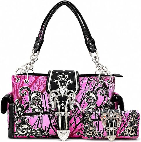 Camouflage Crown Buckle Western Style Purse Floral Shine Glow Country Handbag Women Shoulder Bag Crossbody Wallet Set in Kuwait