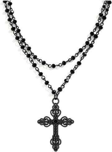 Gothic Bead Cross Necklace Black Punk Style Cross Necklace Layered Cross Choker Necklace Irregular Cool Punk Vintage Pendant Necklace Halloween Christmas New Year Goth Jewelry Gift for Women in Kuwait
