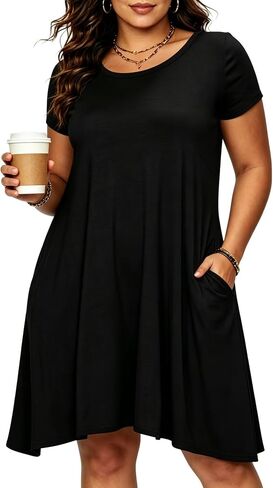 Afibi Womens Short Sleeve Loose Pockets Dress Casual Swing T-Shirt Dresses in Kuwait