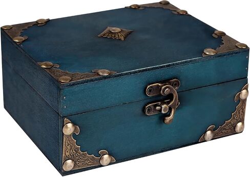 WaaHome Wood Treasure Box 5.5'' Small Decorative Box Teal Pirate Treasure Chest Jewelry Keepsakes Box for Kids Girls Boys Women Gifts Home Decor in Kuwait