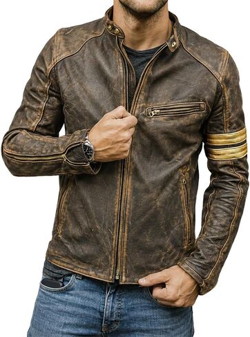 Isaac & David Chicago Real Lambskin Leather Biker Jacket Quilted Cafe Racer Zip Up Moto Vintage Motorcycle Jacket For Men in Kuwait