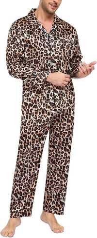 SWOMOG Mens Silk Satin Pajamas Long Sleeve Loungewear Two-piece Sleepwear Button-Down Pj Set in Kuwait
