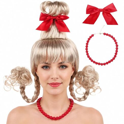 Wig Christmas Blonde Wig Adult Women Braided Wigs Girl Cosplay Hair Halloween Xmas Character Who Wig Costume Accessories with Red Bow Necklace in Kuwait