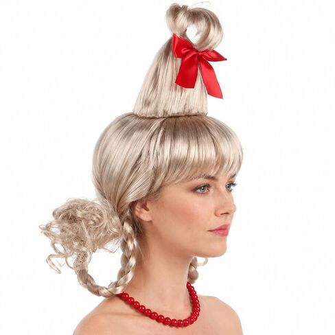 Wig Christmas Blonde Wig Adult Women Braided Wigs Girl Cosplay Hair Halloween Xmas Character Who Wig Costume Accessories with Red Bow Necklace in Kuwait