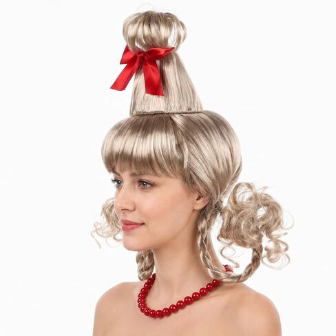 Wig Christmas Blonde Wig Adult Women Braided Wigs Girl Cosplay Hair Halloween Xmas Character Who Wig Costume Accessories with Red Bow Necklace in Kuwait