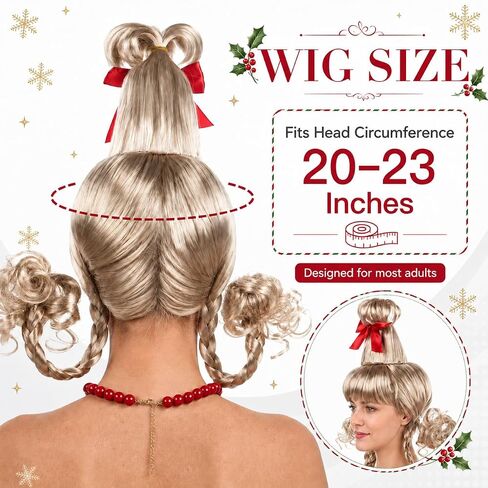 Wig Christmas Blonde Wig Adult Women Braided Wigs Girl Cosplay Hair Halloween Xmas Character Who Wig Costume Accessories with Red Bow Necklace in Kuwait