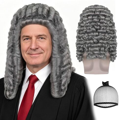 JoneTing Gray Judge Wig for Men【+Wig Cap】 Lawyer Wig for Cosplay Costume Grey Wigs for Male Wavy Synthetic Wigs for Halloween Men's Colonial George Washington Wig for Christmas Party Wig in Kuwait