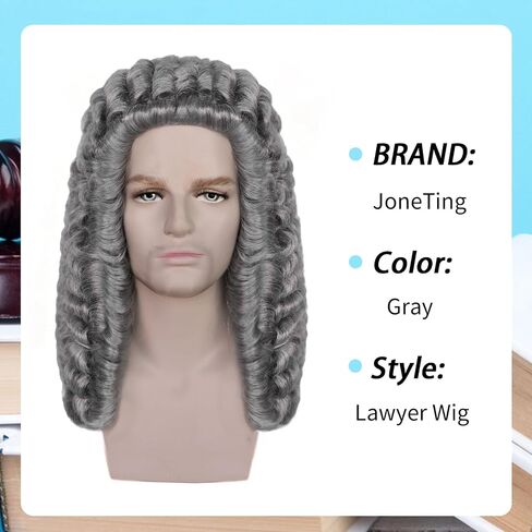 JoneTing Gray Judge Wig for Men【+Wig Cap】 Lawyer Wig for Cosplay Costume Grey Wigs for Male Wavy Synthetic Wigs for Halloween Men's Colonial George Washington Wig for Christmas Party Wig in Kuwait