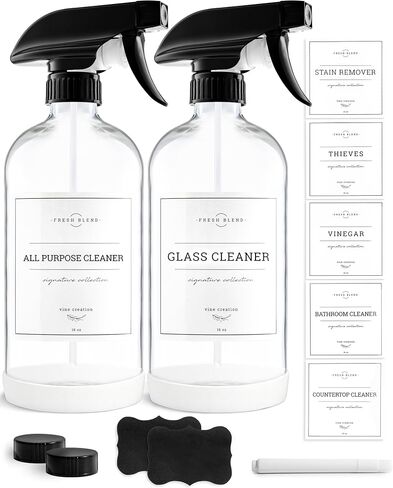 Vine Creations Clear Glass Spray Bottles 2 Pack with Waterproof Labels & Accessories, Thick 16oz Refillable Bottle for Essential Oils, Cleaning Solutions, Adjustable Nozzle with Mist & Stream Option in Kuwait