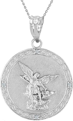 .925 Sterling Silver Saint Michael The Archangel White Cubic Zirconia Accented 1" Medal Pendant Necklace with Rolo Chain and Pendant only in Kuwait