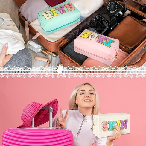 ZAUGONTW 3 Pcs Preppy Patch Makeup Bag Chenille Letter Bag, PU Leather Waterproof Toiletry Bag Hair Bag with Nylon Zipper Patches Makeup Organizer Bag Set for Women in Kuwait