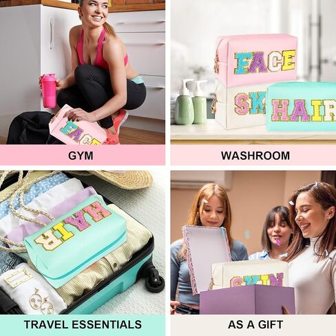 ZAUGONTW 3 Pcs Preppy Patch Makeup Bag Chenille Letter Bag, PU Leather Waterproof Toiletry Bag Hair Bag with Nylon Zipper Patches Makeup Organizer Bag Set for Women in Kuwait