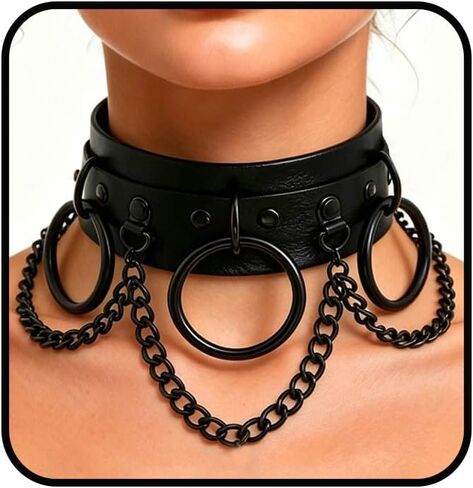 Obmyec Gothic Leather Choker Punk Choker Collar Harness Necklace Big Rings Chain Chokers Rock Nightclub Rave Party Necklace for Women and Girls (black) in Kuwait