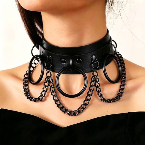 Obmyec Gothic Leather Choker Punk Choker Collar Harness Necklace Big Rings Chain Chokers Rock Nightclub Rave Party Necklace for Women and Girls (black) in Kuwait