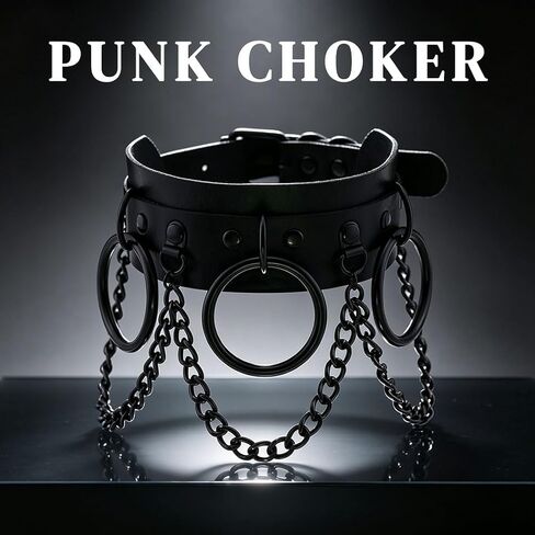 Obmyec Gothic Leather Choker Punk Choker Collar Harness Necklace Big Rings Chain Chokers Rock Nightclub Rave Party Necklace for Women and Girls (black) in Kuwait