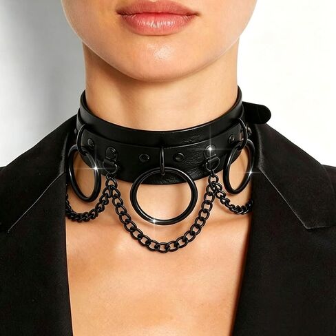 Obmyec Gothic Leather Choker Punk Choker Collar Harness Necklace Big Rings Chain Chokers Rock Nightclub Rave Party Necklace for Women and Girls (black) in Kuwait