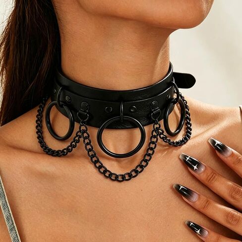 Obmyec Gothic Leather Choker Punk Choker Collar Harness Necklace Big Rings Chain Chokers Rock Nightclub Rave Party Necklace for Women and Girls (black) in Kuwait