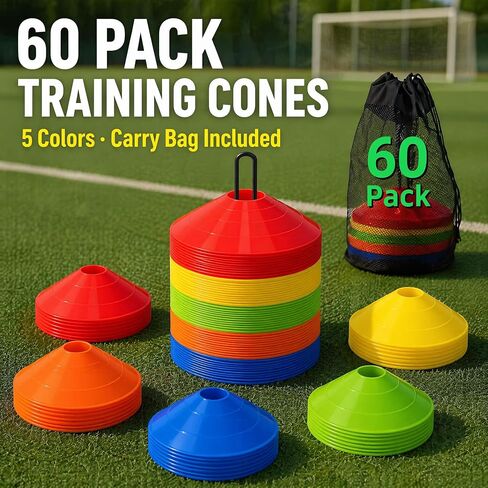 60 Pack，Agility Soccer Cones with Carry Bag and Holder for Training，sports cones , disc sports cones,football cones for drills kids，training cones for basketball， agility football cones set in Kuwait