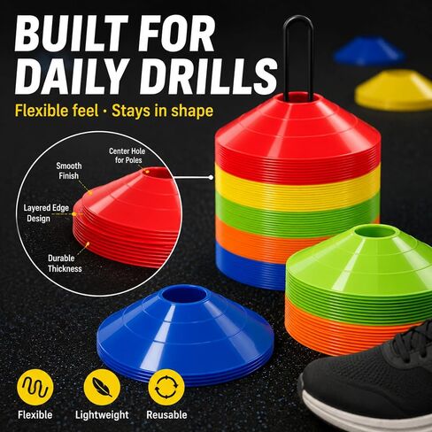 60 Pack，Agility Soccer Cones with Carry Bag and Holder for Training，sports cones , disc sports cones,football cones for drills kids，training cones for basketball， agility football cones set in Kuwait