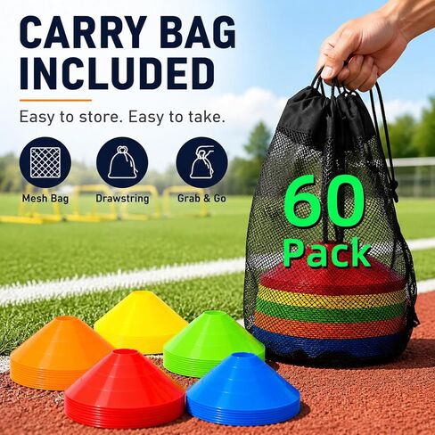 60 Pack，Agility Soccer Cones with Carry Bag and Holder for Training，sports cones , disc sports cones,football cones for drills kids，training cones for basketball， agility football cones set in Kuwait