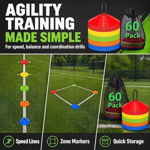 60 Pack，Agility Soccer Cones with Carry Bag and Holder for Training，sports cones , disc sports cones,football cones for drills kids，training cones for basketball， agility football cones set in Kuwait