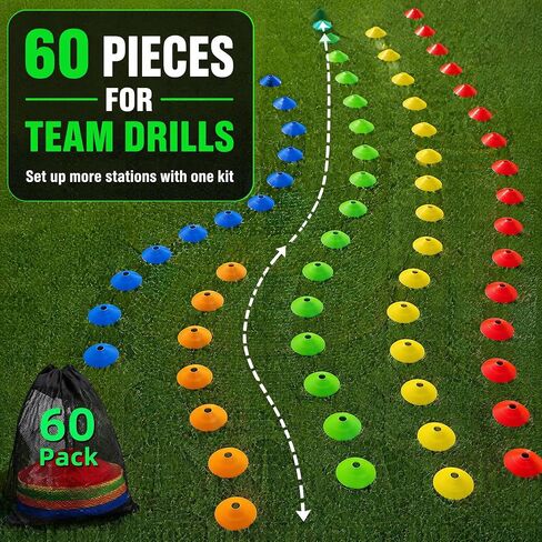 60 Pack，Agility Soccer Cones with Carry Bag and Holder for Training，sports cones , disc sports cones,football cones for drills kids，training cones for basketball， agility football cones set in Kuwait
