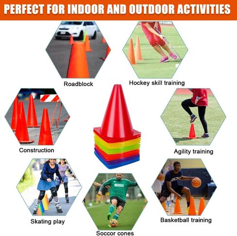 7 Inch Soccer Cones, 24 Pack Cones Sports Training Agility Field Marker Plastic Cones for Skating Basketball Football Practice Drills, Indoor Outdoor Activity Events Games Obstacle Course - 6 Colors in Kuwait