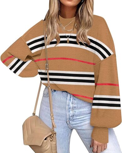 ETCYY Womens Striped Sweaters 2023 Fall Batwing Long Sleeve Side Slit Oversized Sweaters Trendy Crew Neck Knit Pullover Tops in Kuwait