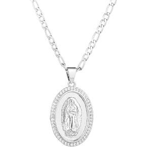 yipima 14K Gold Plated Guadalupe Virgin Mary Oval Pendant Necklace for Women Men Zircon Inlay Virgin Mary 3mm Flat Figaro Chain Necklace 18/22 inches in Kuwait
