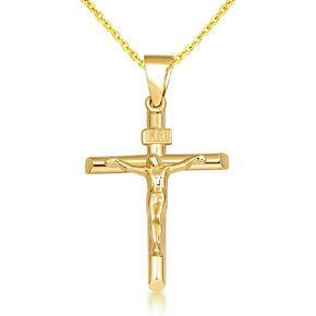 14K Yellow Gold 1-1/8" Christian Catholic Jesus Christ on INRI Cross Crucifix Pendant Necklace - 16" in Kuwait