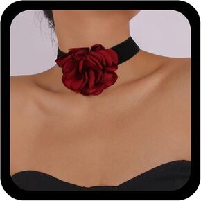 Zeshimb Boho Black Velvet Choker Necklace Red Flower Necklace 3D Rose Necklace Elastic Satin Collar Necklace Big Flower Exaggerated Necklace Jewelry for Women Girls Cosplay Necklace Gifts in Kuwait