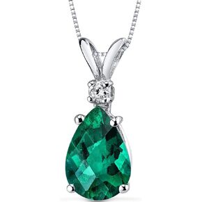 Peora Created Emerald with Genuine Diamond Pendant for Women 14K White Gold, Elegant Teardrop Solitaire, Pear Shape, 10x7mm, 1.75 Carats total in Kuwait
