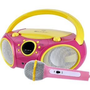 SINGING WOOD 030BTL، مشغل أقراص مضغوطة Boombox CD/CD-R/CD-RW، محمول مع بلوتوث، USB، راديو AM/FM، مدخل AUX، مقبس سماعة الرأس، مقبض حمل قابل للطي وإضاءة LED (وردي كيتي) in Kuwait