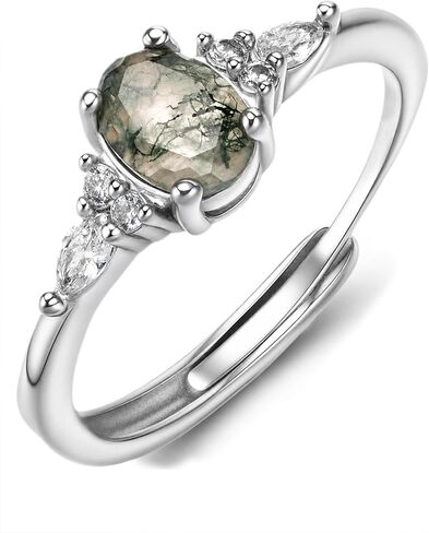 rgwtgkyh Moss Agate Ring for Women Silver Vintage Open Green Gemstone Rings for Wedding Fashion Engagement Jewelry Gifts in Kuwait
