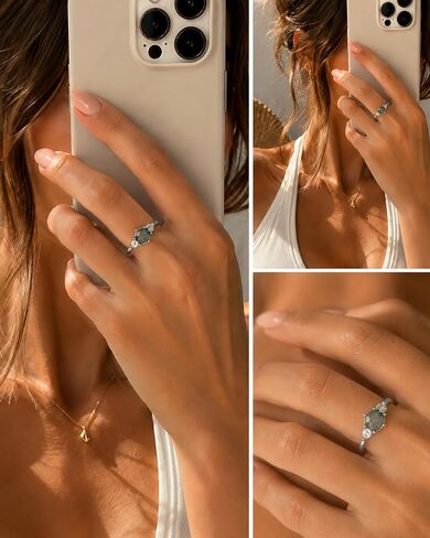 rgwtgkyh Moss Agate Ring for Women Silver Vintage Open Green Gemstone Rings for Wedding Fashion Engagement Jewelry Gifts in Kuwait