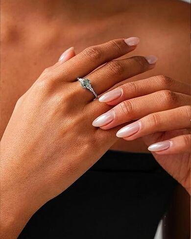 rgwtgkyh Moss Agate Ring for Women Silver Vintage Open Green Gemstone Rings for Wedding Fashion Engagement Jewelry Gifts in Kuwait