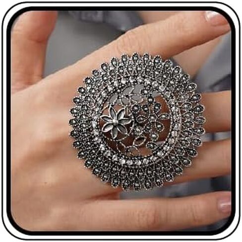 YERTTER Vintage Boho Women Rings Statement Rhinestone Big Roud Crystal Ring Adjustable Expandable Open Wrap Ring Stylish Indian Hand Accessories for Women Party Gift in Kuwait