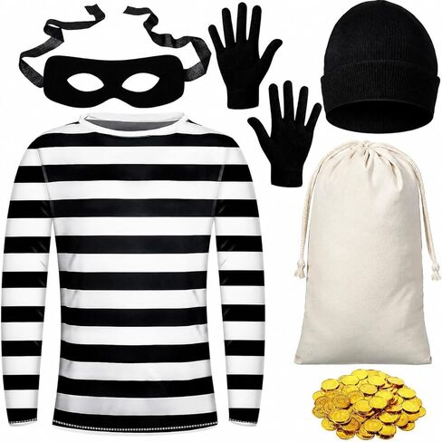 Halloween Robber Costume Set, Include Striped Long Sleeve T-shirt Knit Cap Gloves Canvas Bags, Eye Mask and Gold Coins in Kuwait