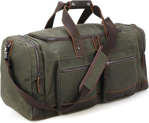 Polare 26" Waxed Canvas Cowhide Leather Waterproof Travel Duffel Bag Trim Luggage Weekender Overnight Carry on Hand Bag (Brown-26") in Kuwait