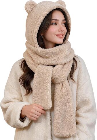Women Kawaii Bear Ear Beanie Hat Scarf 2 in 1 - Cute Winter Warm Sherpa Thicken Fleece Fuzzy Japanese Fluffy Knit Hat Cap in Kuwait