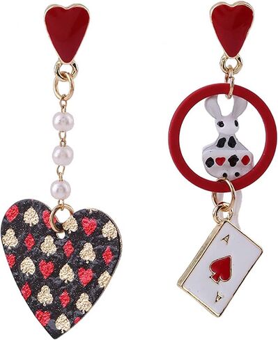 Queen of Heart Earrings Red Heart Poker Clock Drop Earrings for Women Girls,Asymmetric Long Clock Poker Dangle Earrings Queen of Hearts Costume Accessories in Kuwait