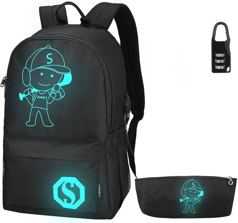 Pawsky Skateboard Anime Luminous Backpack School Backpack with USB Charging Port, Anti Theft Lock and Pencil Case for Teen Boys and Girls, College School Bookbag Lightweight Laptop Bag, Black in Kuwait