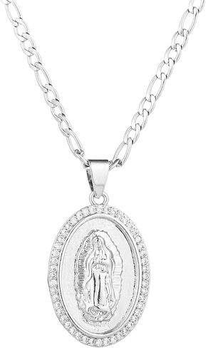 yipima 14K Gold Plated Guadalupe Virgin Mary Oval Pendant Necklace for Women Men Zircon Inlay Virgin Mary 3mm Flat Figaro Chain Necklace 18/22 inches in Kuwait