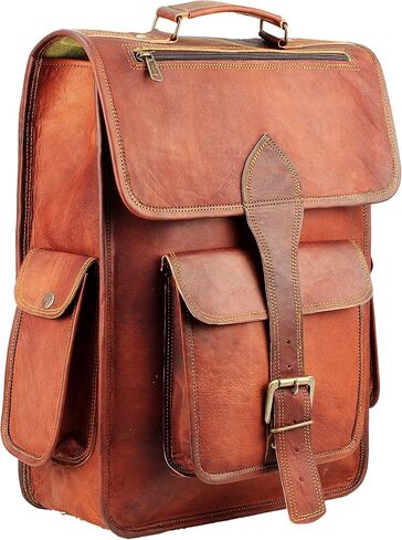 Handmade 16 Inch Brown Leather Backpack For Men Vintage Easy Open Push Lock Genuine leather backpack for women | Leather laptop backpack for men and women with padded Laptop Compartment in Kuwait