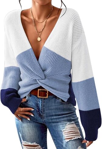 Pink Queen Women's 2023 Casual Pullover Sweaters Sexy V Neck Long Sleeve Twsit Knot Cropped Knit Sweater Tops in Kuwait